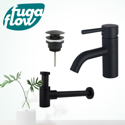 FugaFlow Eccelente Sobrado Kit mitigeur lavabo - robinet bas - bonde clic clac - siphon design bas - Noir mat