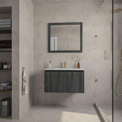Saniclass Holz Base Badkamermeubelset - 80cm - 1 keramische wasbak wit - 1 kraangat - 1 lade - spiegel - zwartbruin SHOWROOMMODEL
