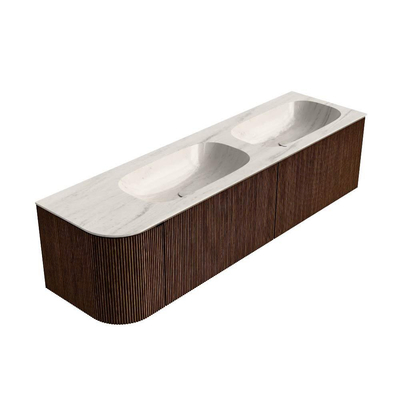 MONDIAZ KURVE-DLUX 165cm badmeubel ronding Links kleur Walnut met 2 lades en 1 deur. Wastafel STOR SMALL Dubbel / Rechts zonder kraangat Meli.
