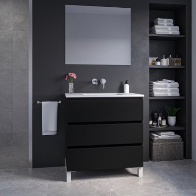 Saniclass Chaci PLUS Meuble de salle de bain - 80x86x46cm - lavabo en céramique blanc - 1 vasque - sans trous de robinet - 3 tiroirs - miroir rectangulaire - noir mat