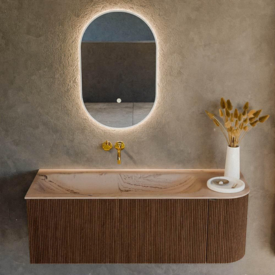 MONDIAZ KURVE-DLUX Meuble de salle de bains 125cm arrondi à droite couleur Walnut avec 1 tiroir et 1 porte. Lavabo BIG MEDIUM à gauche sans trou de robinet Arena.