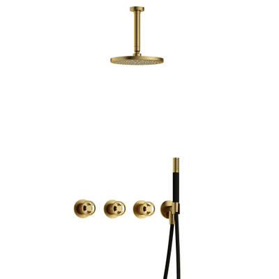 Hotbath Cobber IBSW70 Regendoucheset inbouw - 15cm plafondarm - 20cm ronde hoofddouche - staafhanddouche - Geborsteld messing PVD