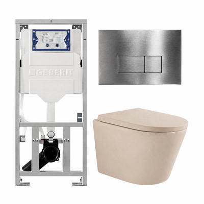 QeramiQ Dely Toiletset - 36.3x51.7cm - diepspoel - rimless - Geberit UP320 inbouwreservoir - softclose toilet zitting - 35mm - steel bedieningsplaat - rechthoekige knoppen - mat beige