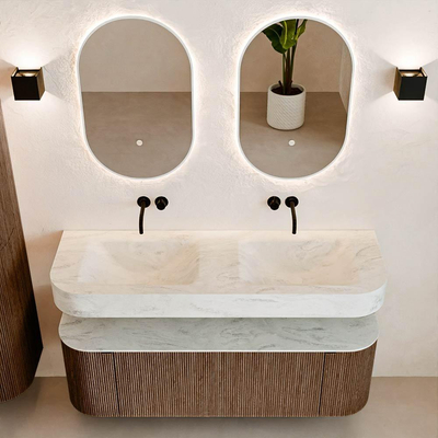 MONDIAZ THOR-DLUX Meuble de salle de bains 140cm arrondi gauche + droite couleur Walnut avec 1 tiroir et 2 portes. Vasque suspendue CLOUD Double sans trou de robinet couleur Opalo.