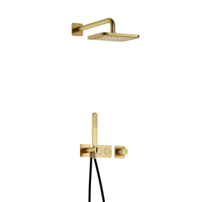 Hotbath Gmetal IBS41 Ensemble de douche complet encastré - thermostatique - 2 boutons poussoirs - bras mural de 35 cm - douche de tête carrée de 22 cm - douchette à main - laiton brossé PVD