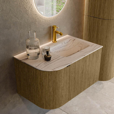 MONDIAZ KURVE-DLUX 75cm badmeubel ronding Links kleur Dusk met 1 lade en 1 deur. Wastafel GRUNNE Rechts 1 kraangat Nata.