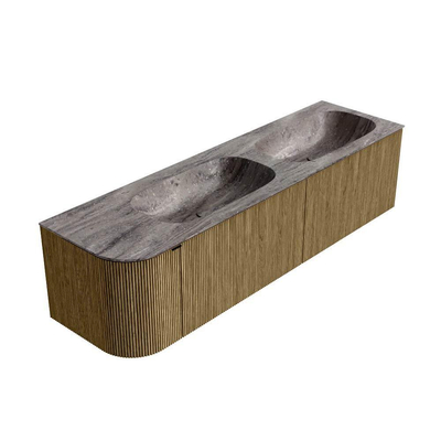 MONDIAZ KURVE-DLUX Meuble de salle de bains 165cm arrondi à gauche couleur Dusk avec 2 tiroirs et 1 porte. Lavabo STOR SMALL Double / Droite 2 trous de robinet Oza.