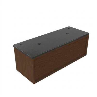 Saniclass Holz Frame Ensemble meuble de salle de bains - 120x45x43cm - Plan vasque en basalte Noche poli (noir) - 2 trous de robinetterie - 1 tiroir - walnut pure mat (bois)