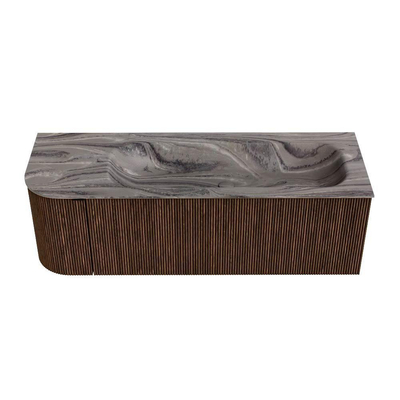 MONDIAZ KURVE-DLUX 135cm badmeubel ronding Links kleur Walnut met 1 lade en 1 deur. Wastafel BIG MEDIUM Rechts zonder kraangat Sombra.