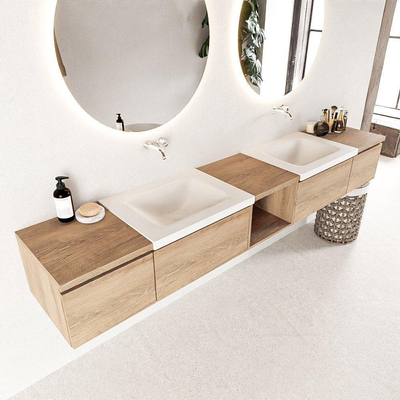 Mondiaz BUKLA badkamermeubelset 240x45x34cm 0 kraangaten 2 wasbakken solid surface Talc greeploos 4 lades met softclose Melamine Washed Oak