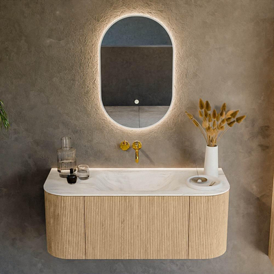 MONDIAZ KURVE-DLUX 110cm Meuble salle de bain avec module 25 G et D - couleur Oak - 1 tiroir - 2 portes - vasque CLOUD centre - sans trou de robinet - couleur Ostra