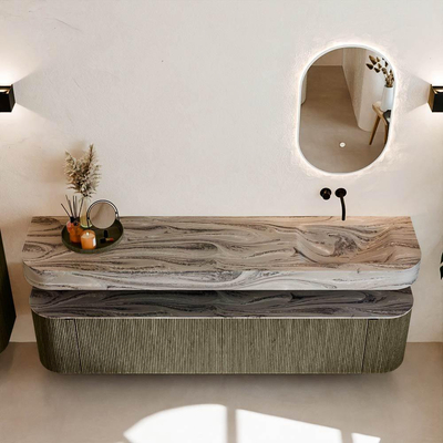 MONDIAZ THOR-DLUX 200cm meuble de salle de bains arrondi gauche + droite couleur Shadow avec 2 tiroirs et 2 portes. Vasque suspendue CLOUD Droite sans trou de robinet couleur Sombra.