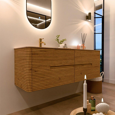 Mondiaz CIRO-DLUX Meuble de salle de bains - 150x45x50cm - Plan vasque solid surface Arena - 1 vasque à gauche - 1 trou de robinet - 4 tiroirs - Chêne