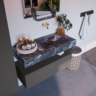 Mondiaz ALAN-DLUX Ensemble de meuble - 100cm - meuble Dark grey mat - 1 tiroir - Lavabo Cloud Lava suspendu - vasque Droite - 0 trous de robinet