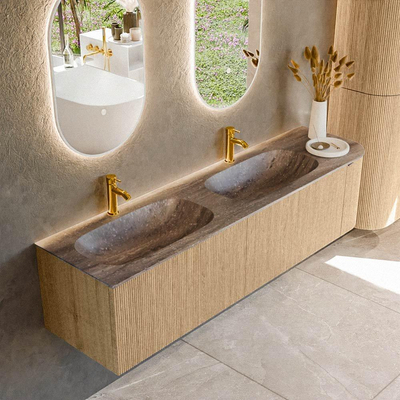 MONDIAZ KURVE-DLUX meuble de salle de bains 175cm arrondi droit couleur chêne avec 2 tiroirs et 1 porte. Lavabo STOR SMALL double / gauche 2 trous de robinet Oza.