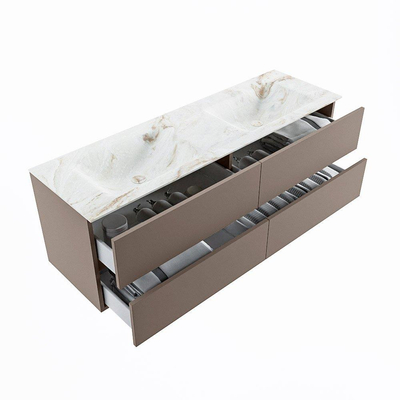 Mondiaz VICA-DLUX ensemble de meuble de salle de bain - 150cm - meuble sous-vasque fumée - 4 tiroirs - lavabo encastré nuage double - 2 trous de robinet - version haute 60cm - frape