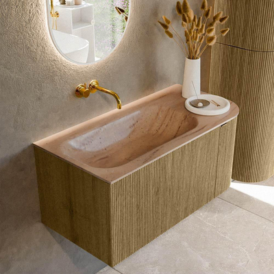 MONDIAZ KURVE-DLUX Meuble de salle de bains 95cm arrondi Droite couleur Dusk avec 1 tiroir et 1 porte. Lavabo BIG SMALL Gauche sans trou de robinet Saba.