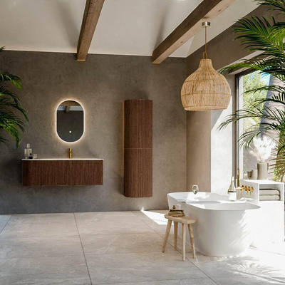 MONDIAZ KURVE-DLUX meuble de salle de bains 125 cm avec module 25 L couleur Walnut avec 1 tiroir et 1 porte. Lavabo BIG MEDIUM à droite 1 trou de robinet couleur Ostra.