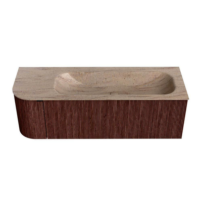 MONDIAZ KURVE-DLUX meuble de salle de bains 135cm arrondi à gauche couleur Ruby avec 1 tiroir et 1 porte. Vasque BIG MEDIUM à droite 1 trou de robinet Saba.