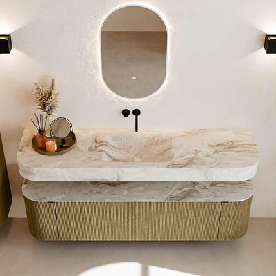 MONDIAZ THOR-DLUX 170cm meuble de salle de bains arrondi gauche + droite couleur Dusk avec 1 tiroir et 2 portes. Vasque suspendue CLOUD Centre sans trou de robinet couleur Frappe.