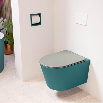 Mondiaz LAVIE hangtoilet – spoelrandloos – 36 x 53 cm – met softclose zitting – Smag (groen), zitting Smoke (lichtbruin)
