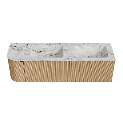 MONDIAZ KURVE-DLUX meuble de salle de bains 155 cm avec module 25 L couleur Oak avec 2 tiroirs et 1 porte. Lavabo LEAF double / droite 2 trous de robinet couleur Glace.