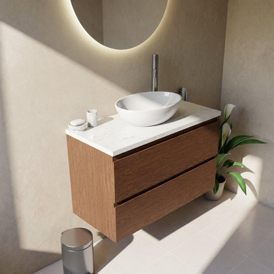 Saniclass Holz Pure Ensemble meuble de salle de bains - 100x45x63cm - Plan vasque en marbre Dia poli (blanc) - 1 trou de robinetterie - 2 tiroirs - mat walnut pure (bois)