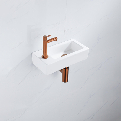 QeramiQ Lave-mains Kit lave-mains - 37.5x18.5x9cm - céramique - trou de robinet gauche - robinet lave-mains en cuivre brossé - bonde de vidage - siphon abaissé - Mat blanc
