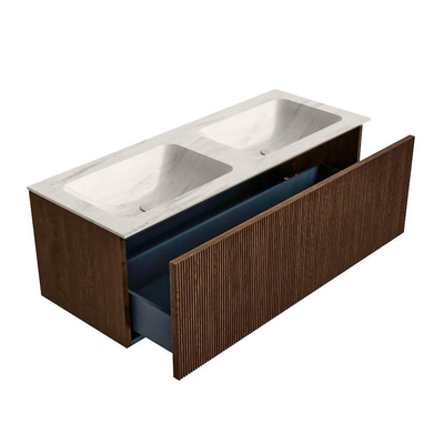 MONDIAZ KURVE-DLUX 120cm badmeubel kleur Walnut met 1 lade en 0 deuren. Wastafel LEAF Dubbel zonder kraangat Meli.