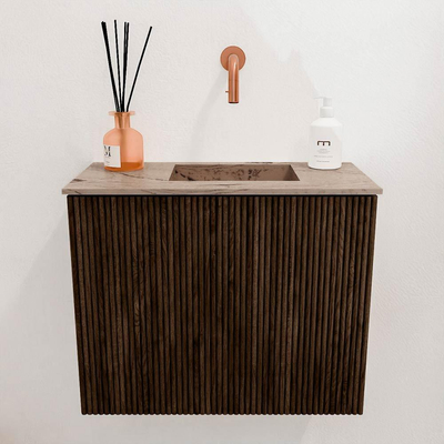 Mondiaz JOYA-DLUX 50cm toiletmeubel - kleur Walnut - Wastafel FAYE positie Rechts Zonder kraangat kleur Arena.