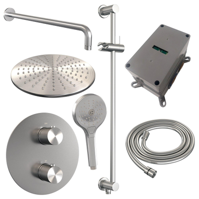 BRAUER Brushed Carving thermostatische Inbouw Regendouche - 3-weg - rond - set 94 - 30cm hoofddouche - gebogen muurarm - 3-standen handdouche - doucheslang - geïntegreerde glijstang - RVS geborsteld PVD