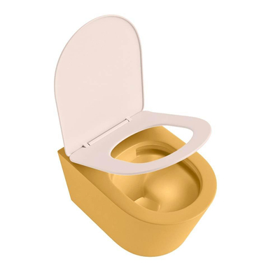 Mondiaz LAVIE hangtoilet – spoelrandloos – 36 x 53 cm – met softclose zitting – Ocher (geel), zitting Rosee (roze)