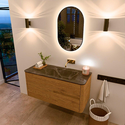 Mondiaz CIRO-DLUX Badkamermeubelset - 110x45x50cm - Solid surface wastafel Lava - 1 wasbak Rechts - zonder kraangaten - 2 lades - Oak
