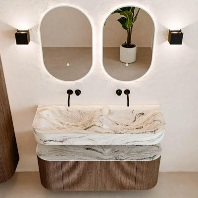 MONDIAZ THOR-DLUX 120cm badmeubel ronding links + rechts kleur Walnut met 1 lade en 2 deuren. Vrijhangende wastafel CLOUD Dubbel zonder kraangat kleur Glace.