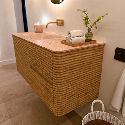 Mondiaz CIRO-DLUX ensemble de meubles de salle de bains - 110x45x50cm - plan vasque solid surface Saba - 1 lavabo à gauche - sans trous de robinet - 2 tiroirs - Chêne