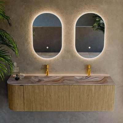 MONDIAZ KURVE-DLUX Meuble de salle de bains 155cm arrondi à gauche couleur Dusk avec 2 tiroirs et 1 porte. Lavabo LEAF Double / Droite 2 trous de robinet Sombra.