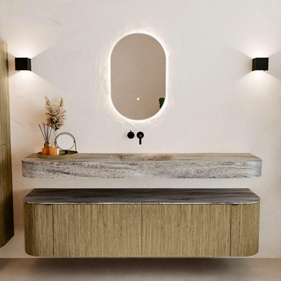 MONDIAZ THOR-DLUX 180cm meuble de salle de bains arrondi gauche + droite couleur Dusk avec 2 tiroirs et 2 portes. Vasque suspendue CLOUD Milieu sans trou de robinet couleur Oza.