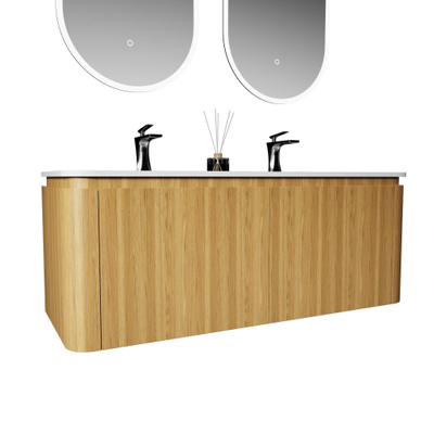 Saniclass Terra Meuble sous lavabo - 120cm - 2 tiroirs - lavabo solid surface - 1 cuve - 2 trous de robinet - coins arrondis - sandwood (chene clair)