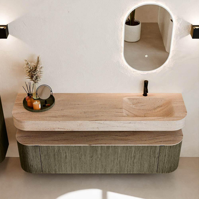 MONDIAZ THOR-DLUX Meuble de salle de bains 170cm arrondi gauche + droite couleur Shadow avec 1 tiroir et 2 portes. Vasque suspendue CLOUD Droite 1 trou de robinet couleur Saba.