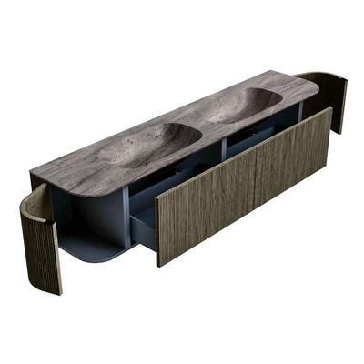 MONDIAZ KURVE-DLUX Meuble de salle de bains 200cm arrondi Gauche + Droite couleur Shadow avec 2 tiroirs et 2 portes. Lavabo STOR SMALL Double 2 trous de robinet Oza.
