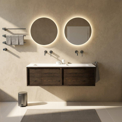 Saniclass Holz Frame Ensemble de meubles de salle de bains - 140x45x41.5cm - lavabo Flow en solid surface blanc - 2 vasques - sans trous de robinetterie - 2 tiroirs - chêne charcoal mat (bois)