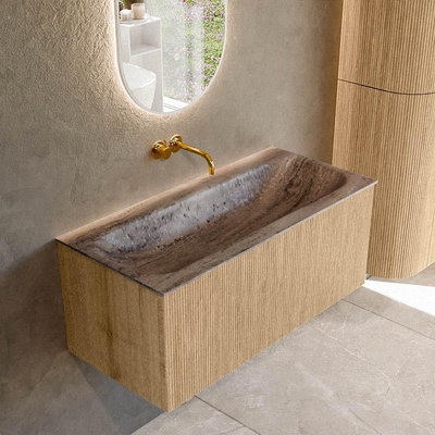 MONDIAZ KURVE-DLUX Meuble de salle de bains 100cm couleur Chêne avec 1 tiroir et 0 porte. Lavabo BIG MEDIUM Central sans trou de robinet Oza.