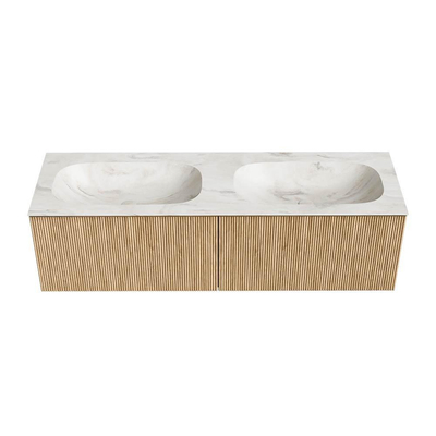 MONDIAZ KURVE-DLUX Meuble de salle de bains 150 cm couleur Oak avec 2 tiroirs. Lavabo STOR SMALL double 2 trous de robinet couleur Ostra.