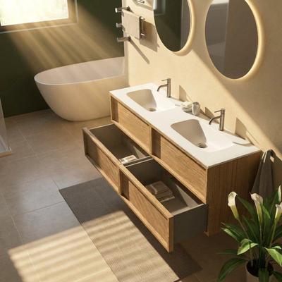 Saniclass Holz Frame Ensemble meuble de salle de bains - 160x45x61.5cm - Flow vasque en solid surface blanc - 2 vasques - 2 trous de robinetterie - 4 tiroirs - chêne natural mat (bois)