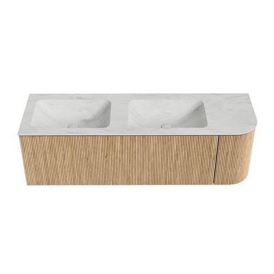 MONDIAZ KURVE-DLUX 145cm Meuble salle de bain avec module 25 D - couleur Oak - 1 tiroir - 1 porte - vasque LEAF double / gauche - 2 trous de robinet - couleur Opalo