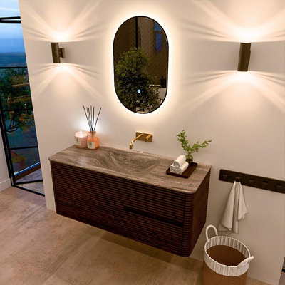 Mondiaz CIRO-DLUX Badkamermeubelset - 120x45x50cm - Solid surface wastafel Oza - 1 wasbak Midden - zonder kraangaten - 2 lades - Walnut