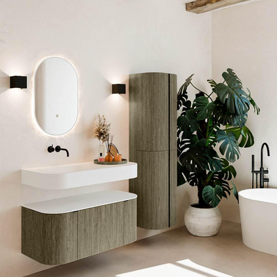 MONDIAZ THOR 100cm meuble de salle de bains arrondi gauche + droite couleur Shadow avec 1 tiroir et 2 portes. Vasque suspendue CLOUD Gauche sans trou de robinet couleur Talc.