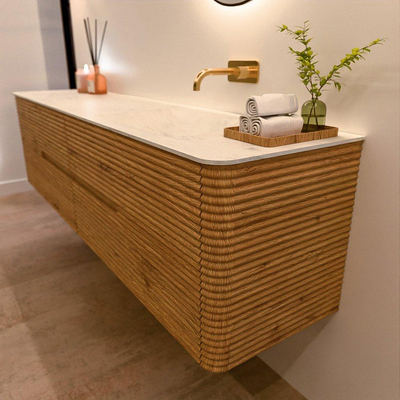 Mondiaz CIRO-DLUX Badkamermeubelset - 190x45x50cm - Solid surface wastafel Opalo - 1 wasbak Rechts - zonder kraangaten - 4 lades - Oak