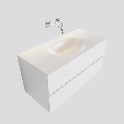 ENSEMBLE DE MEUBLE MONDIAZ VICA - 100cm - 2 tiroirs - lavabo Moon central - 0 trous de robinet - solid surface talc