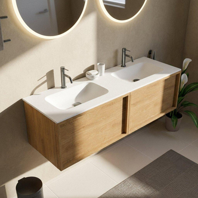 Saniclass Holz Frame Ensemble de meubles de salle de bains - 140x45x41.5cm - lavabo Flow en solid surface blanc - 2 vasques - 2 trous de robinetterie - 2 tiroirs - chêne natural mat (bois)